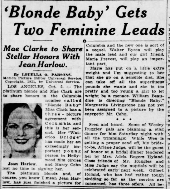 jean harlow blonde baby announcement oct 2 1931